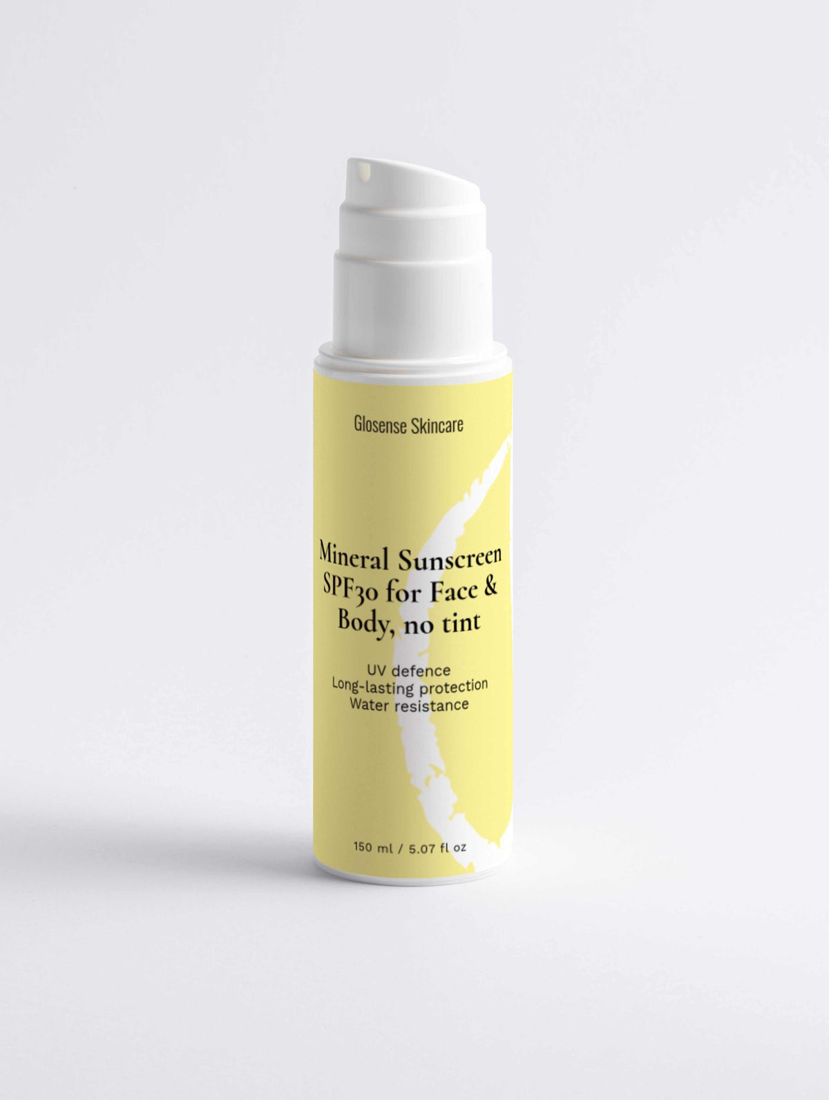 Mineral Sunscreen SPF30 for Face & Body in a pump bottle, yellow label, broad-spectrum UVA/UVB protection, vegan formula.